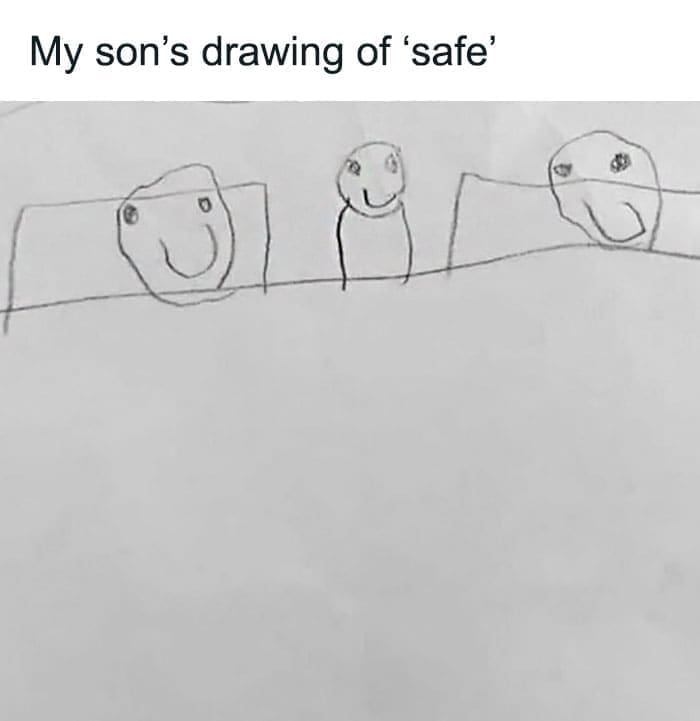 Bros helping bros My son's drawing of 'safe'