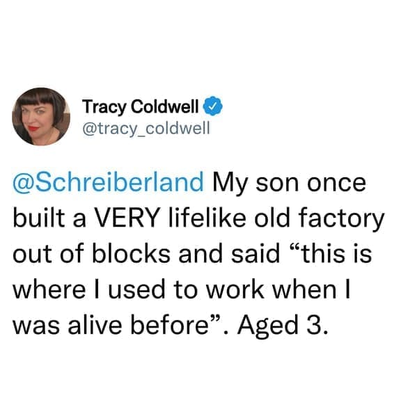 creepy things kids have said My son once built a VERY lifelike old factory out of blocks and said "this is where used to work when I was alive before". Aged 3.