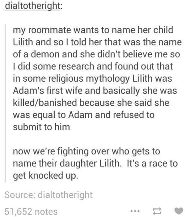 dating memes dating memes my roommate wants to name her child Lilith and so I told her that was the name of a demon and she didn't believe me so I did some research and found out that in some religious mythology Lilith was Adam's first wife and basically she was killed/banished because she said she was equal to Adam and refused to submit to him now we're fighting over who gets to name their daughter Lilith. It's a race to get knocked up.