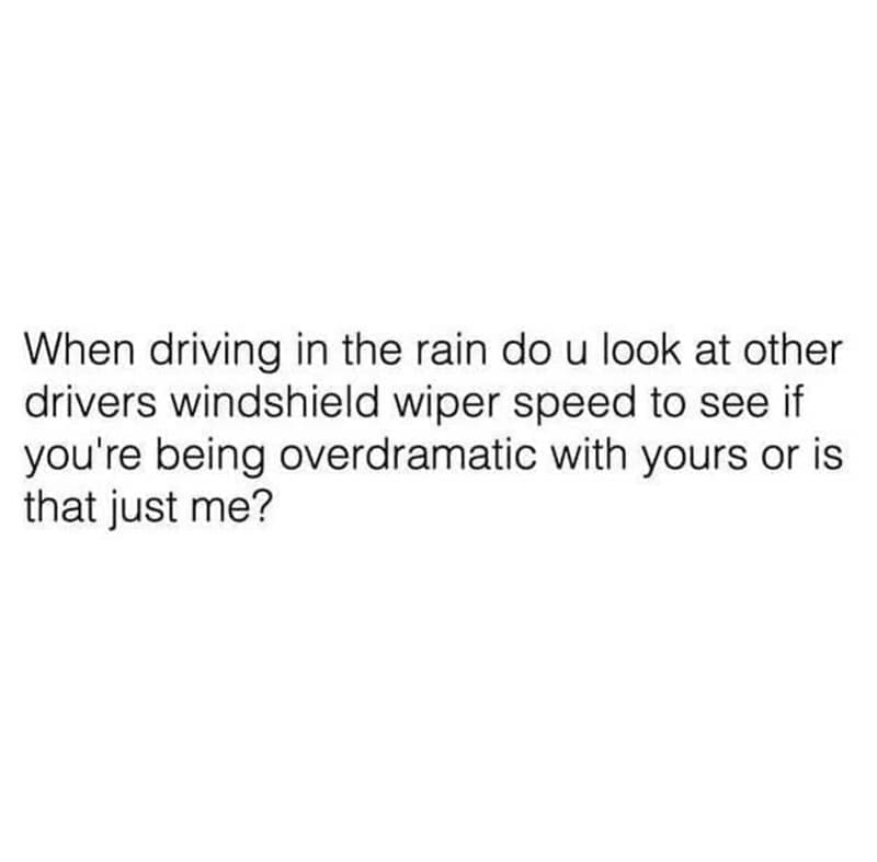 driving memes When driving in the rain do u look at other drivers windshield wiper speed to see if you're being overdramatic with yours or is that just me?