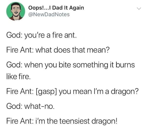 animal memes God: you're a fire ant. Fire Ant: what does that mean? God: when you bite something it burns like fire. Fire Ant: [gasp] you mean I'm a dragon? God: what-no. Fire Ant: i'm the teensiest dragon!
