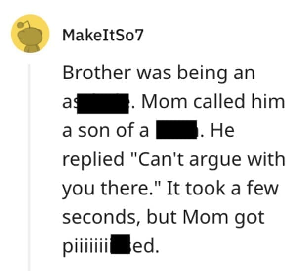 funny comebacks Brother was being an as . Mom called him a son of a. He replied "Can't argue with you there." It took a few seconds, but Mom got piiiiiiilled.