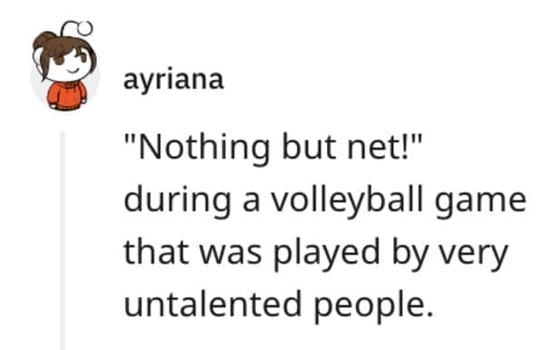 funny comebacks "Nothing but net!" during a volleyball game that was played by very untalented people.