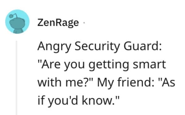 funny comebacks Angry Security Guard: "Are you getting smart with me?" My friend: "As if you'd know."