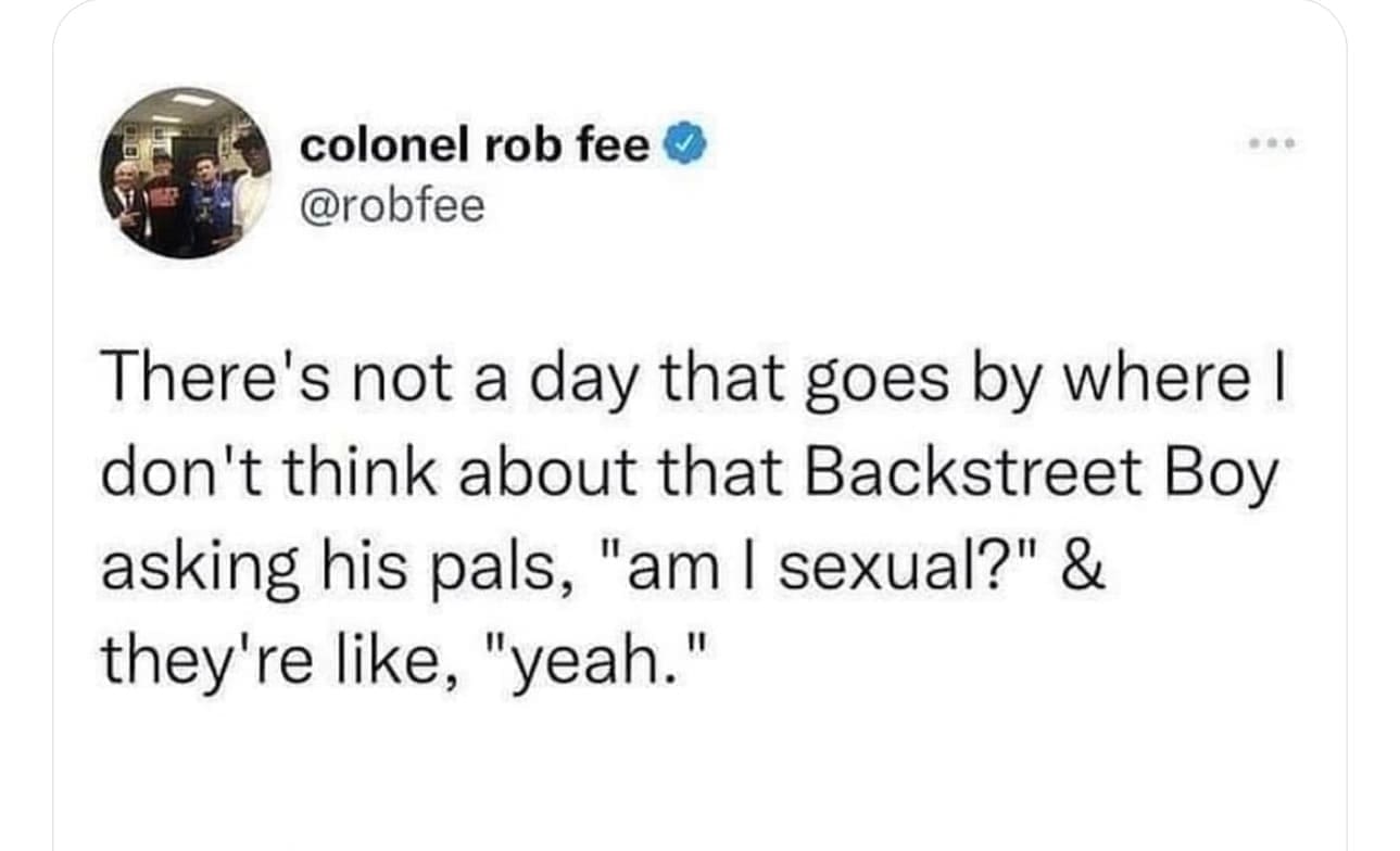 funny memes There's not a day that goes by where I don't think about that Backstreet Boy asking his pals, "am I sexual?" & they're like, "yeah."