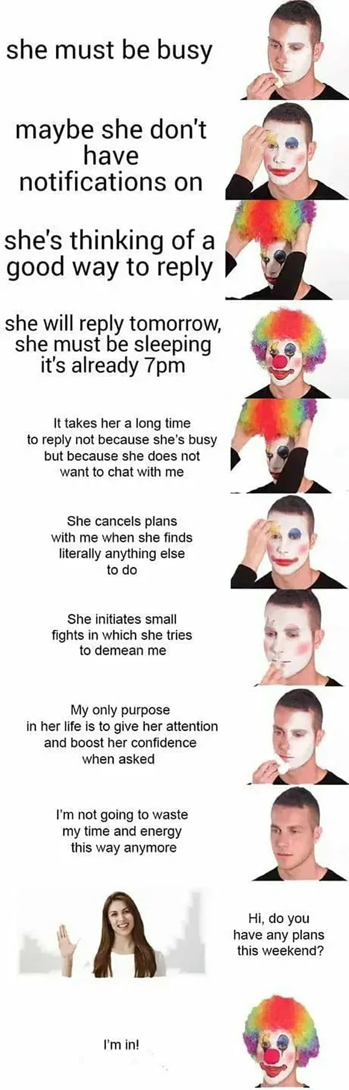 funny pictures she must be busy maybe she don't have notifications on she's thinking of a good way to reply she will reply tomorrow, she must be sleeping it's already 7pm It takes her a long time to reply not because she's busy but because she does not want to chat with me She cancels plans with me when she finds literally anything else to do She initiates small fights in which she tries to demean me My only purpose in her life is to give her attention and boost her confidence when asked I'm not going to waste my time and energy this way anymore