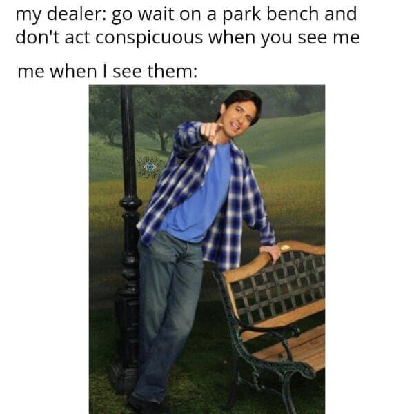 funny pictures my dealer: go wait on a park bench and don't act conspicuous when you see me me when I see them: