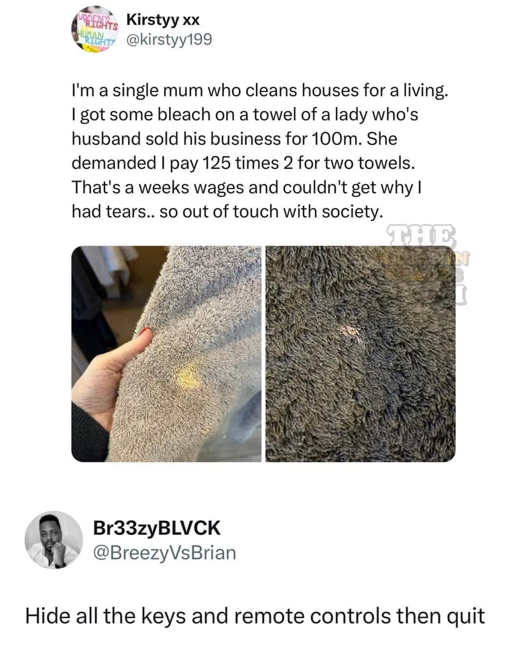 funny pictures I'm a single mum who cleans houses for a living. I got some bleach on a towel of a lady who's husband sold his business for 100m. She demanded I pay 125 times 2 for two towels. That's a weeks wages and couldn't get why I had tears.. so out of touch with society.