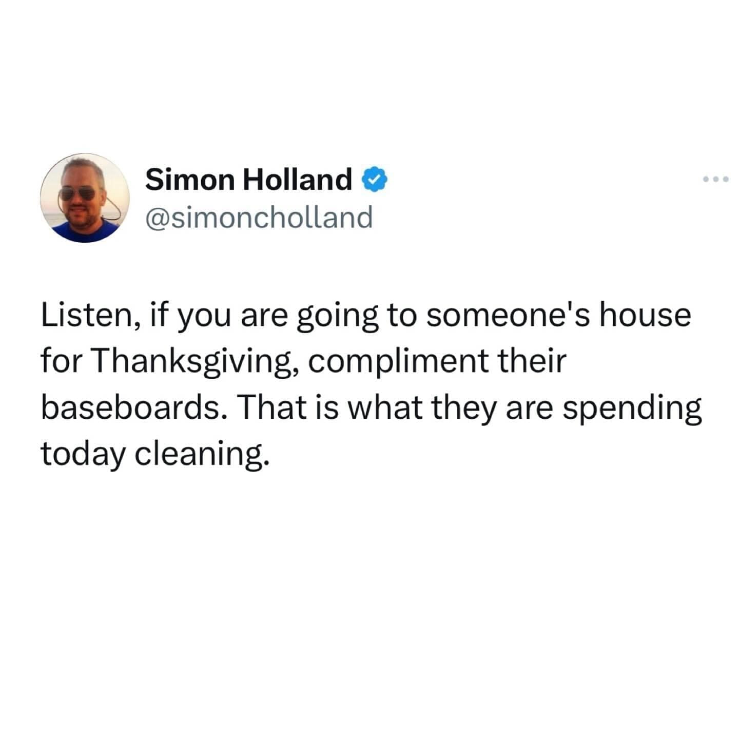 funny pictures Simon Holland © @simoncholland Listen, if you are going to someone's house for Thanksgiving, compliment their baseboards. That is what they are spending today cleaning.
