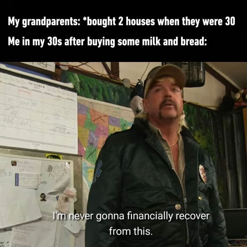 funny pictures daily My grandparents: *bought 2 houses when they were 30 Me in my 30s after buying some milk and bread: I'm never gonna financially recover from this.