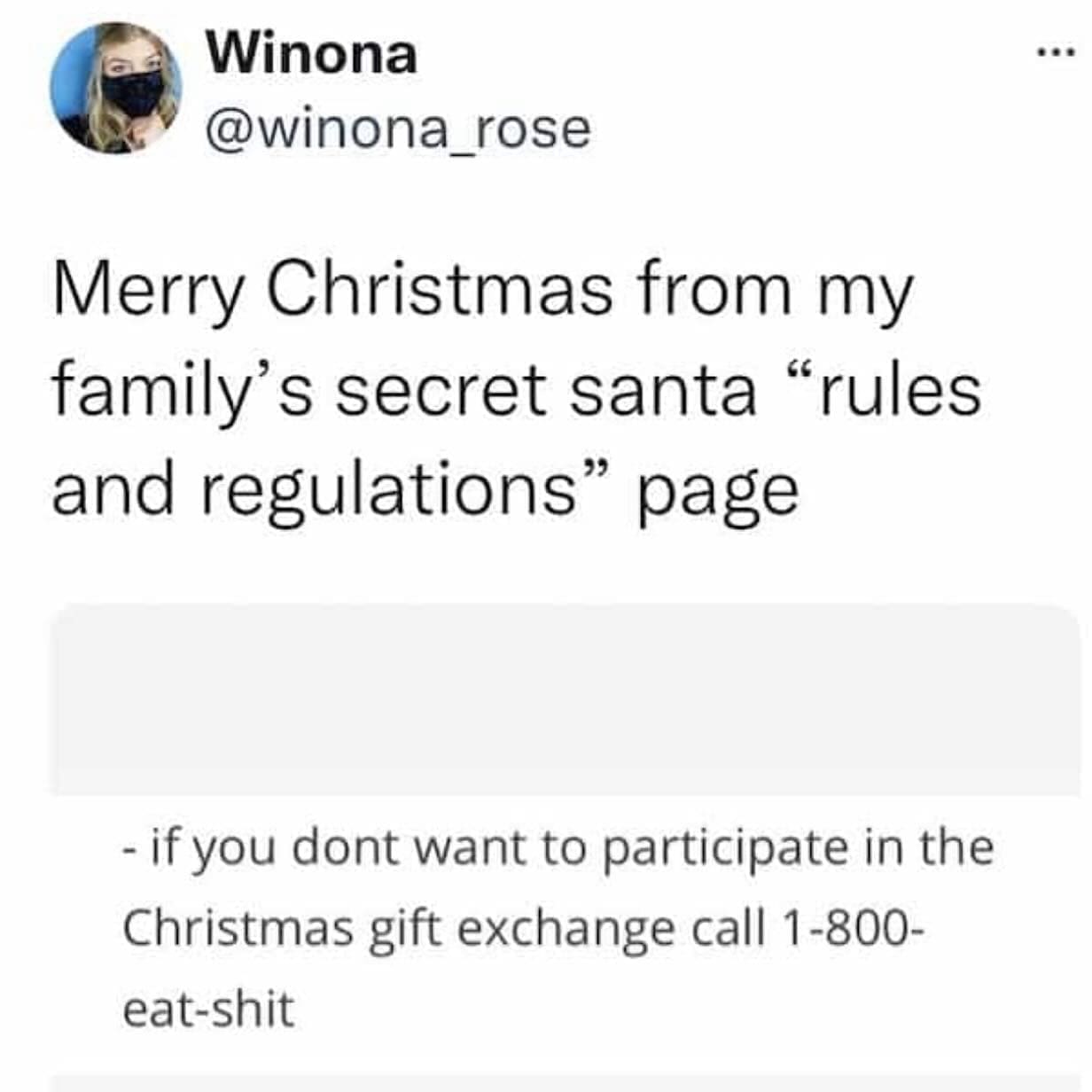 funny pictures Merry Christmas from my family's secret santa "rules and regulations" page - if you dont want to participate in the Christmas gift exchange call 1-800-eat-sht