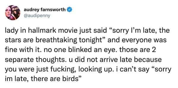hallmark christmas movie meme lady in hallmark movie just said "sorry l'm late, the stars are breathtaking tonight" and everyone was fine with it. no one blinked an eye. those are 2 separate thoughts. u did not arrive late because you were just , looking up. i can't say "sorry im late, there are birds"