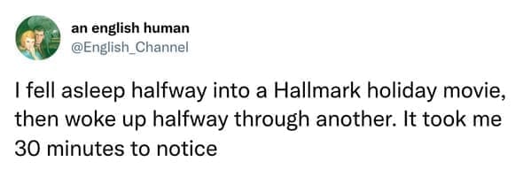 hallmark christmas movie meme I fell asleep halfway into a Hallmark holiday movie, then woke up halfway through another. It took me 30 minutes to notice