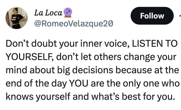 loudest lesson Don't doubt your inner voice, LISTEN TO YOURSELF, don't let others change your mind about big decisions because at the end of the day YOU are the only one who knows yourself and what's best for you.