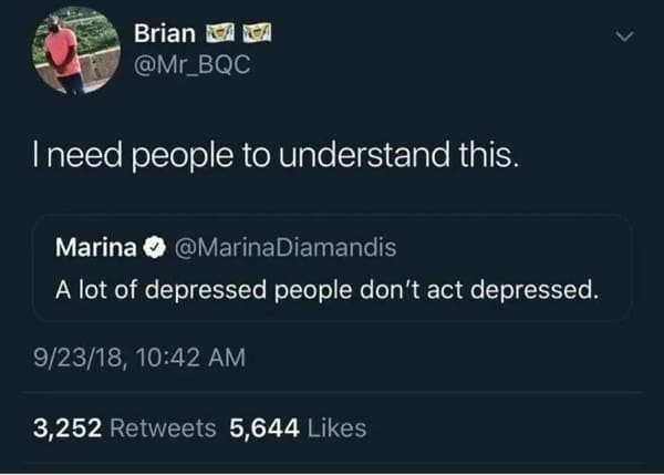 mental health memes I need people to understand this. A lot of depressed people don't act depressed.