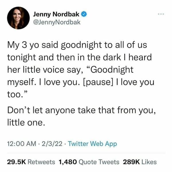 mental health memes My 3 yo said goodnight to all of us tonight and then in the dark I heard her little voice say, "Goodnight myself. I love you. Lpause] |love you too." Don't let anyone take that from you, little one.