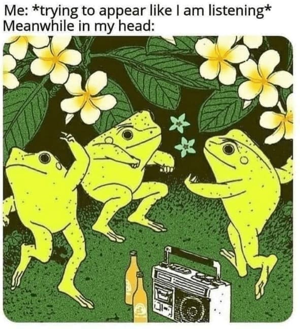 self deprecating memes Me: *trying to appear like I am listening* Meanwhile in my head: