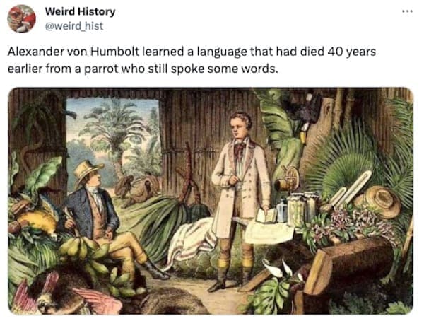 weird history facts Alexander von Humbolt learned a language that had died 40 years earlier from a parrot who still spoke some words.