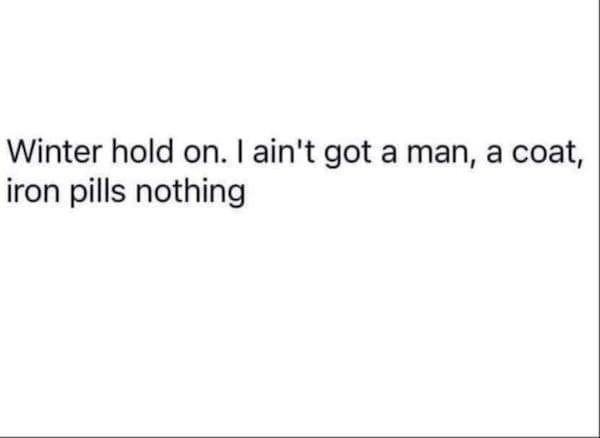 winter memes Winter hold on. I ain't got a man, a coat, iron pills nothing