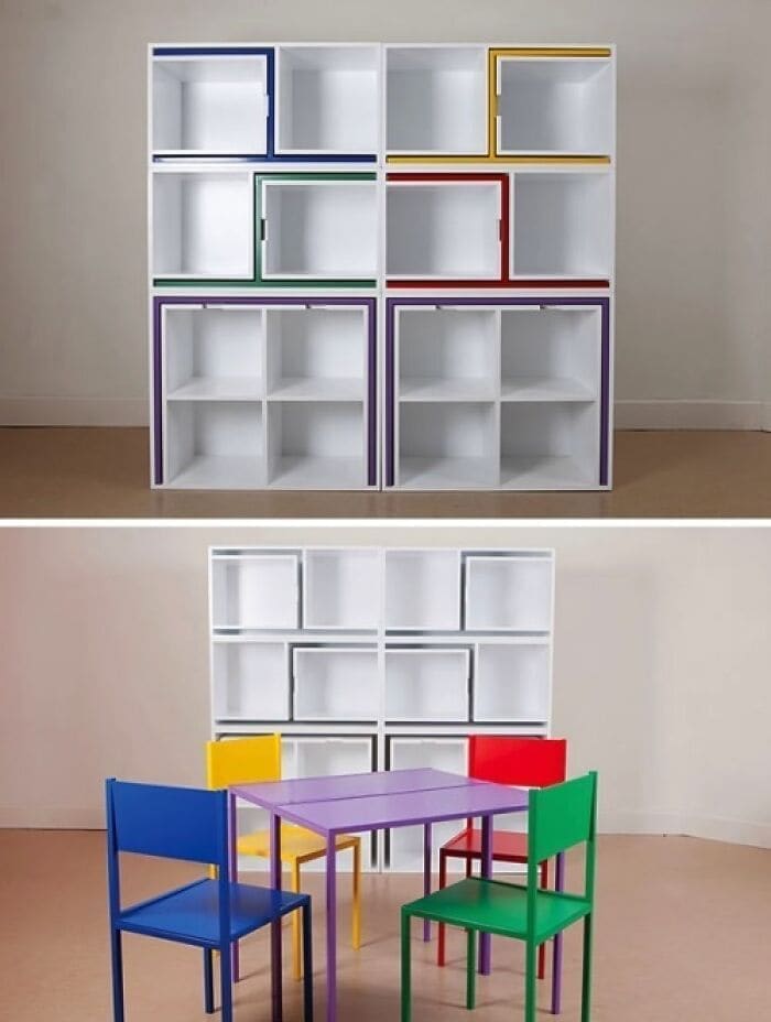 Cool minimalist designs chairs and tables into wall storage