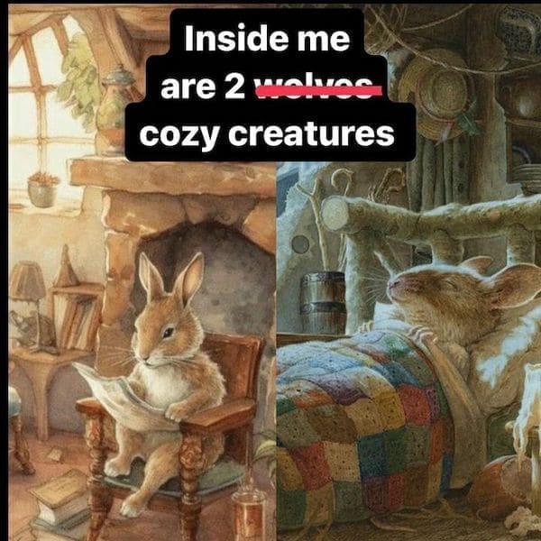 cozy meme Inside me are 2 wolves cozy creatures