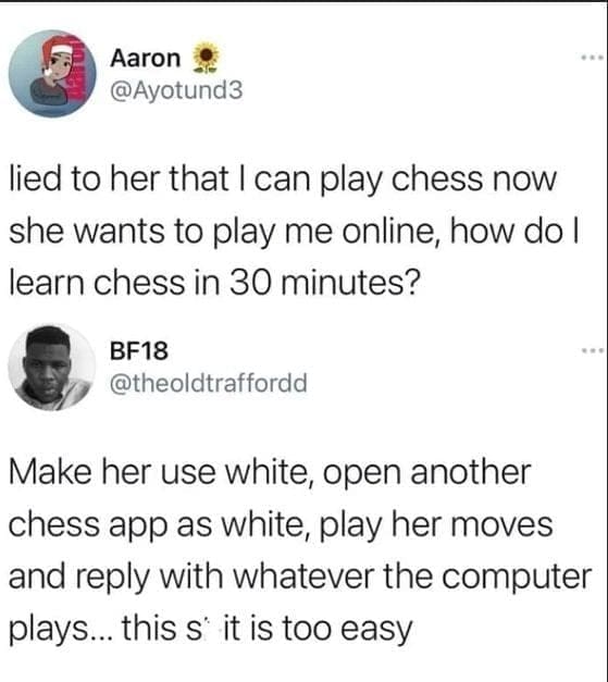 oddly specific memes lied to her that I can play chess now she wants to play me online, how do I learn chess in 30 minutes? BF18 @theoldtraffordd Make her use white, open another chess app as white, play her moves and reply with whatever the computer plays... this s' it is too easy