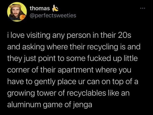 oddly specific memes i love visiting any person in their 20s and asking where their recycling is and they just point to some up little corner of their apartment where you have to gently place ur can on top of a growing tower of recyclables like an aluminum game of jenga