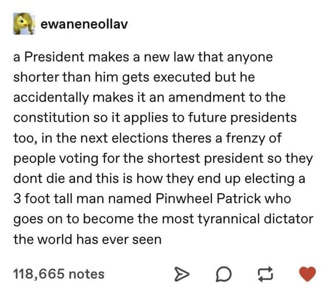 oddly specific memes a President makes a new law that anyone shorter than him gets executed but he accidentally makes it an amendment to the constitution so it applies to future presidents too, in the next elections theres a frenzy of people voting for the shortest president so they dont die and this is how they end up electing a 3 foot tall man named Pinwheel Patrick who goes on to become the most tyrannical dictator the world has ever seen