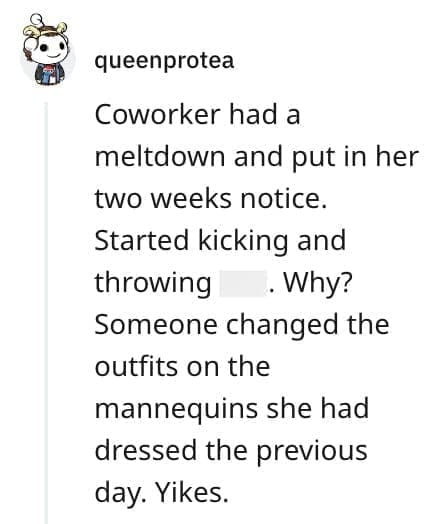 crazy employee stories Coworker had a meltdown and put in her two weeks notice. Started kicking and throwing . Why? Someone changed the outfits on the mannequins she had dressed the previous day. Yikes.