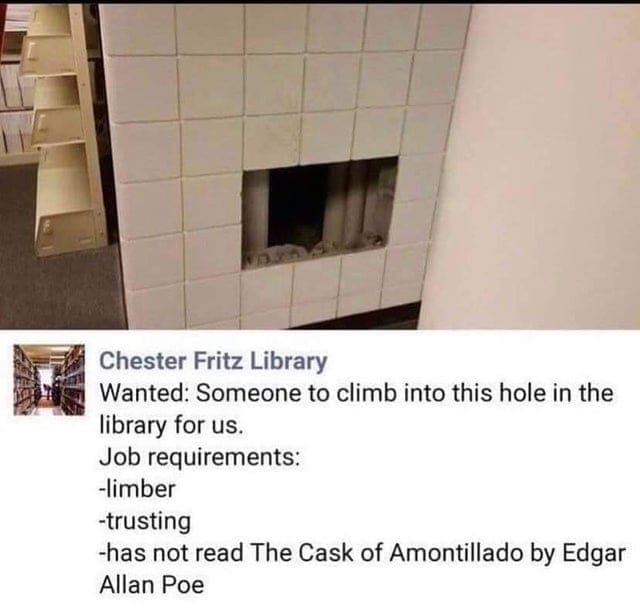 oddly specific memes Wanted: Someone to climb into this hole in the library for us. Job requirements: -limber -trusting -has not read The Cask of Amontillado by Edgar Allan Poe