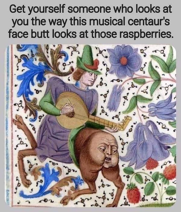 Dirty memes Get yourself someone who looks at you the way this musical centaur's face butt looks at those raspberries.
