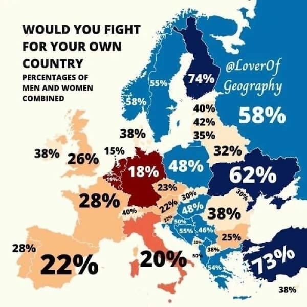 European maps WOULD YOU FIGHT FOR YOUR OWN COUNTRY PERCENTAGES OF MEN AND WOMEN COMBINED