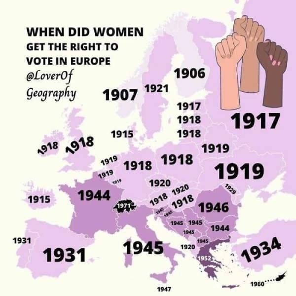 European maps WHEN DID WOMEN GET THE RIGHT TO VOTE IN EUROPE