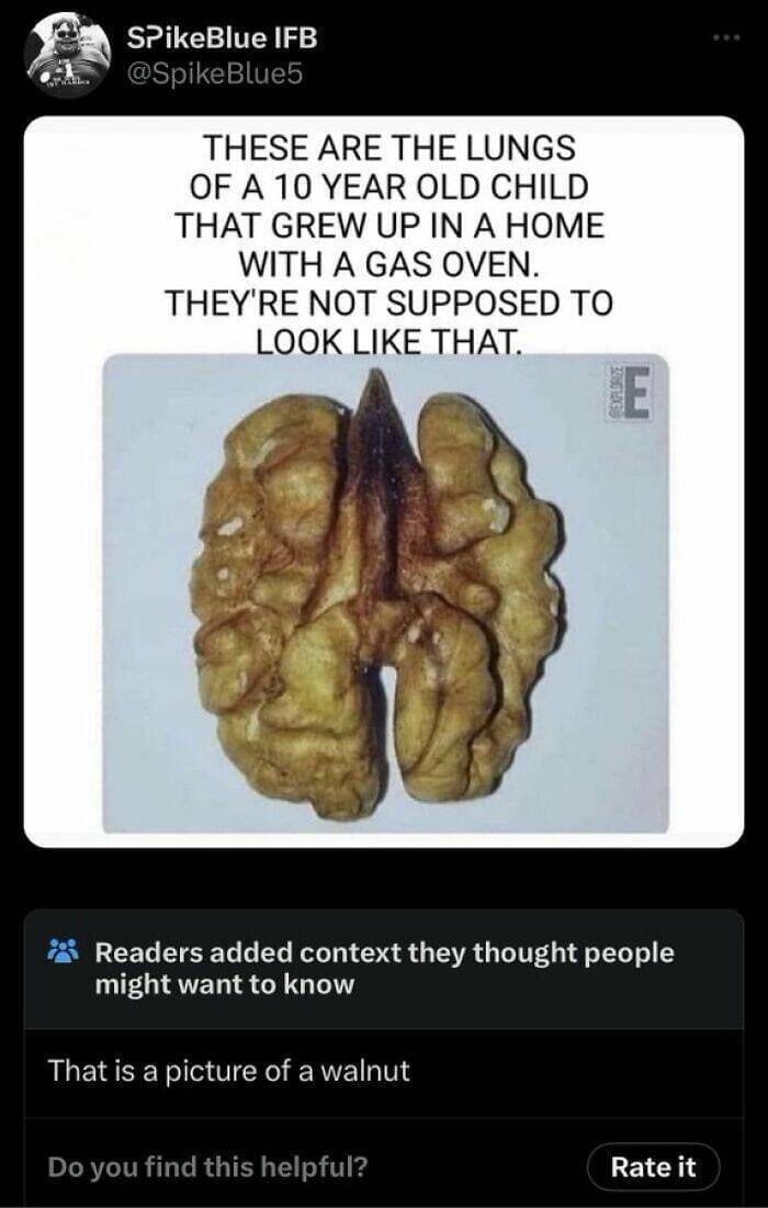Fact Checker Memes THESE ARE THE LUNGS OF A 10 YEAR OLD CHILD THAT GREW UP IN A HOME WITH A GAS OVEN. THEY'RE NOT SUPPOSED TO LOOK LIKE THAT. Readers added context they thought people might want to know That is a picture of a walnut