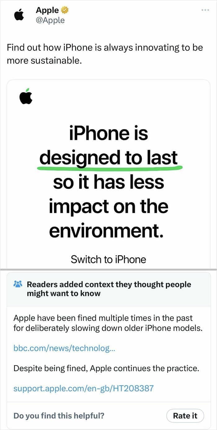 Fact Checker Memes Find out how iPhone is always innovating to be more sustainable. iPhone is designed to last so it has less impact on the environment. Switch to iPhone Readers added context they thought people might want to know Apola bestir own telen mats.