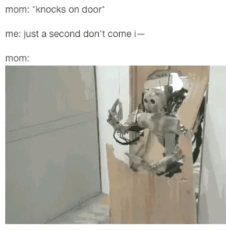 family memes mom: "knocks on door" me: just a second don't come I- mom: