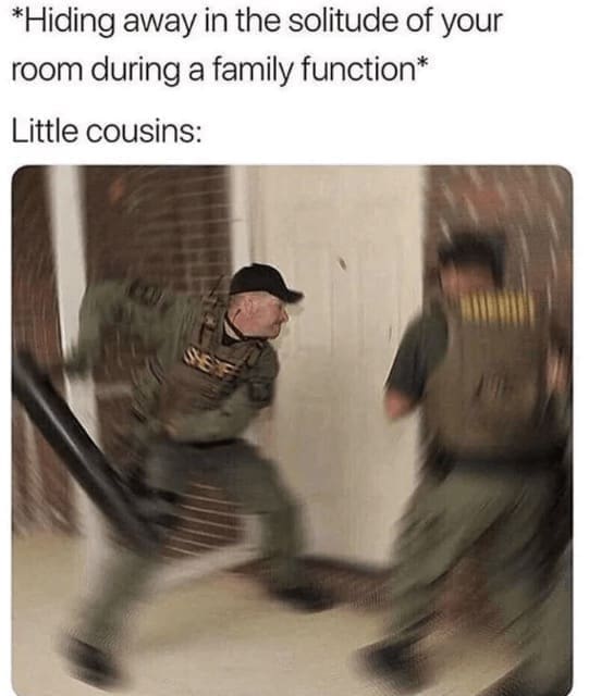 family memes *Hiding away in the solitude of your room during a family function* Little cousins: