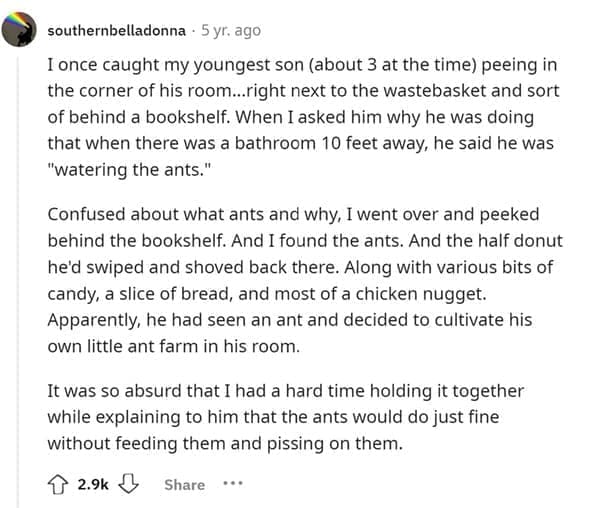 Funniest Bad Things Kids Have Said Tonce caught my youngest son (about 3 at the time) peeing in the corner of his room...right next to the wastebasket and sort of behind a bookshelf. When I asked him why he was doing that when there was a bathroom 10 feet away, he said he was "watering the ants." Confused about what ants and why, I went over and peeked behind the bookshelf. And I found the ants. And the half donut he'd swiped and shoved back there. Along with various bits of candy, a slice of bread, and most of a chicken nugget. Apparently, he had seen an ant and decided to cultivate his own little ant farm in his room. It was so absurd that I had a hard time holding it together while explaining to him that the ants would do just fine without feeding them and pissing on them.