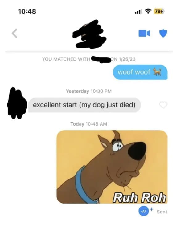 funny dating app woof woof Yesterday 10:30 PM excellent start (my dog just died) Today 10:48 AM Ruh Roh
