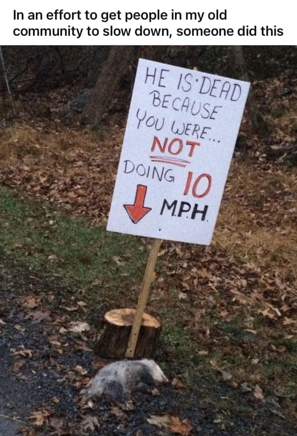funny memes In an effort to get people in my old community to slow down, someone did this HE IS DEAD BECAUSE YOU WERE. NOT DOING 10 MPH