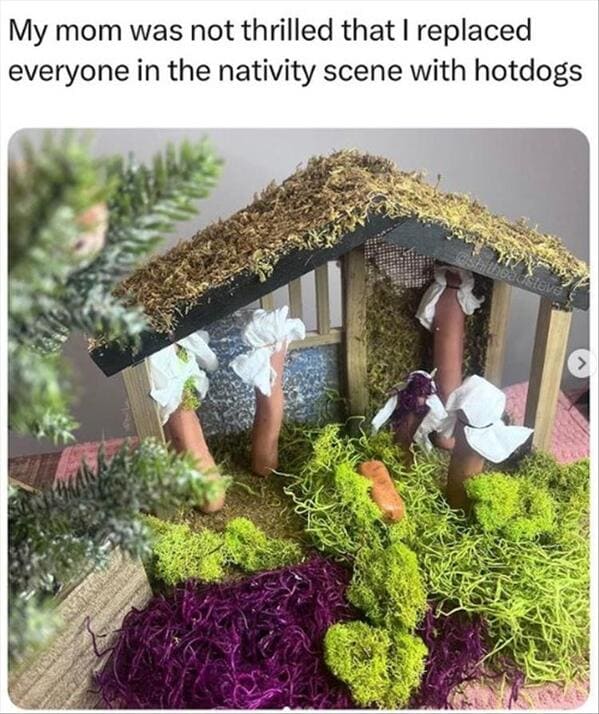 funny memes My mom was not thrilled that I replaced everyone in the nativity scene with hotdogs