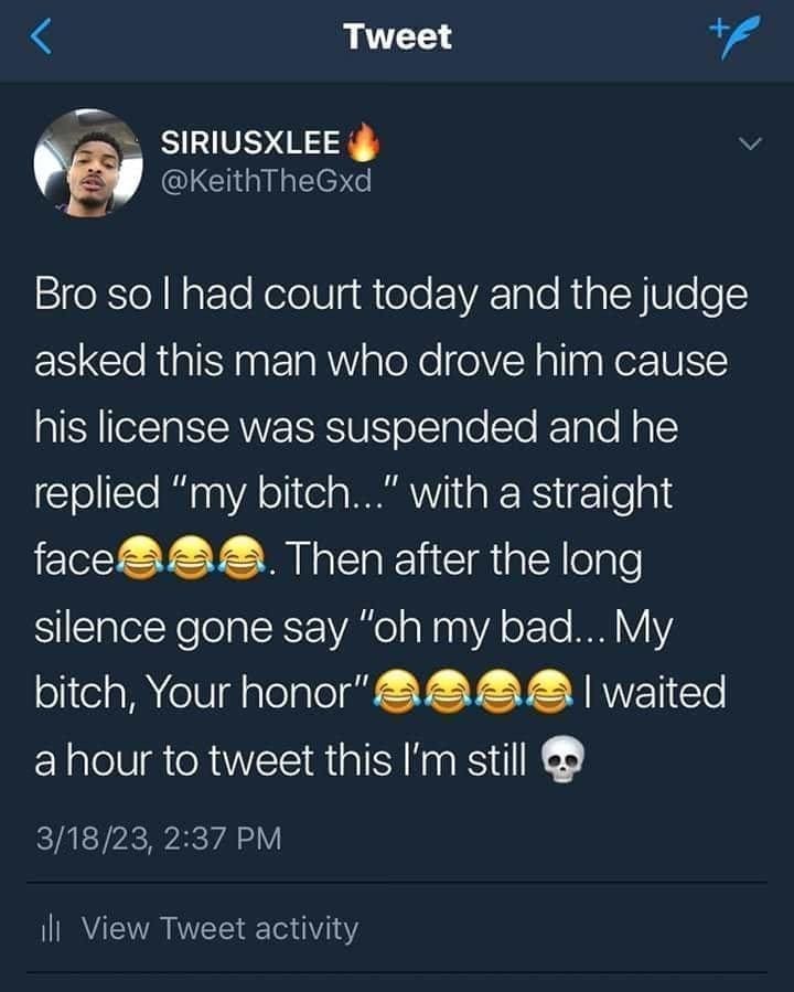 funny memes Bro so I had court today and the judge asked this man who drove him cause his license was suspended and he replied "my bitch..." with a straight face . Then after the long silence gone say "oh my bad... My bitch, Your honor" I waited a hour to tweet this I'm still
