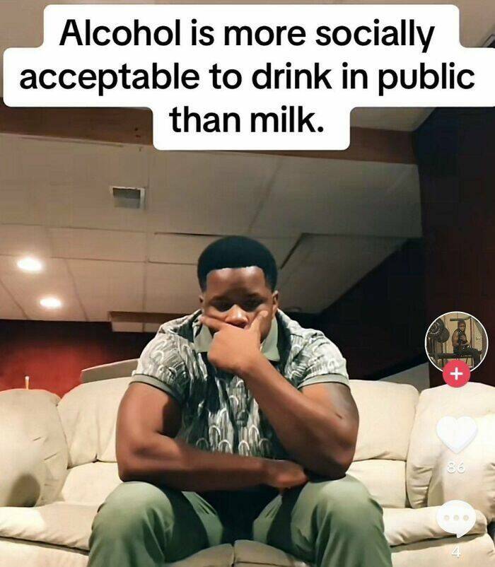 funny memes Alcohol is more socially acceptable to drink in public than milk.