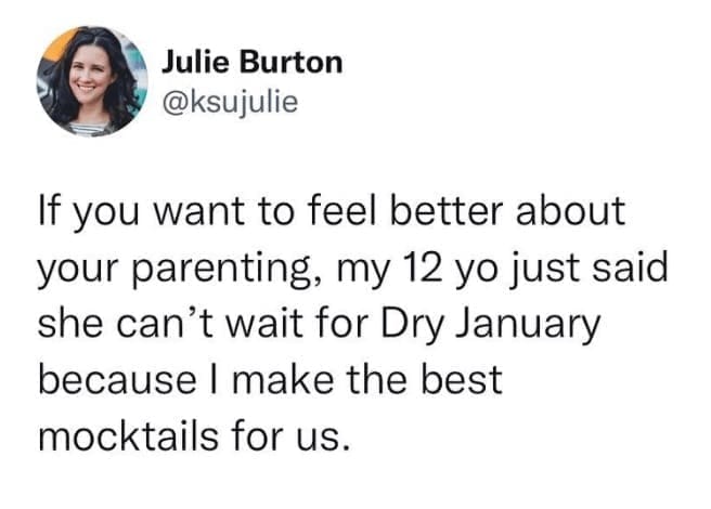 funny parenting tweets If you want to feel better about your parenting, my 12 yo just said she can't wait for Dry January because I make the best mocktails for us.