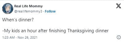 funny parenting tweets When's dinner? -My kids an hour after finishing Thanksgiving dinner