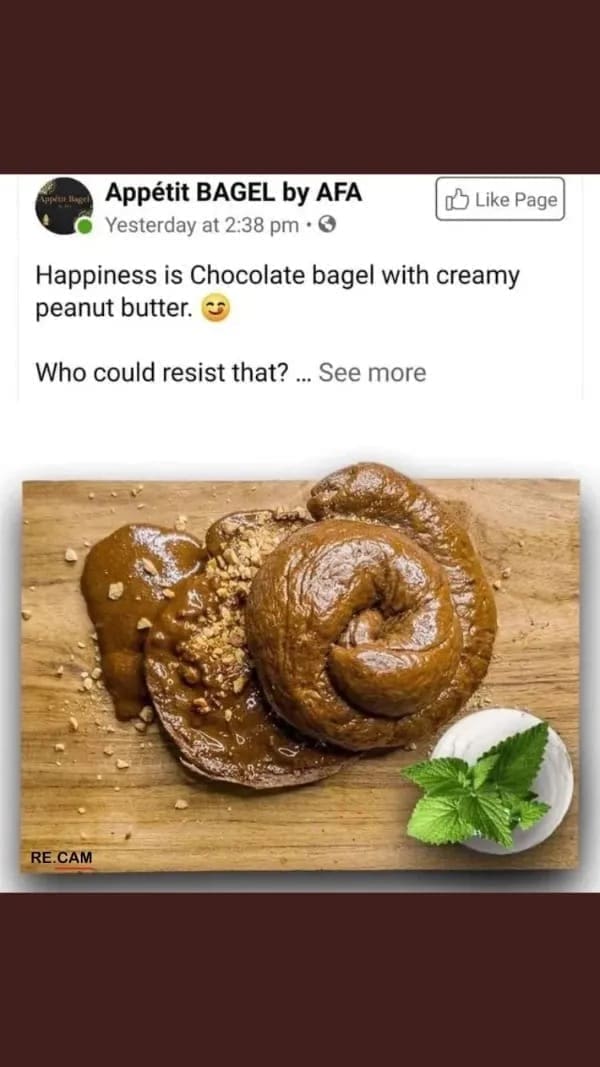 funny pics Happiness is Chocolate bagel with creamy peanut butter. Who could resist that? ... See more