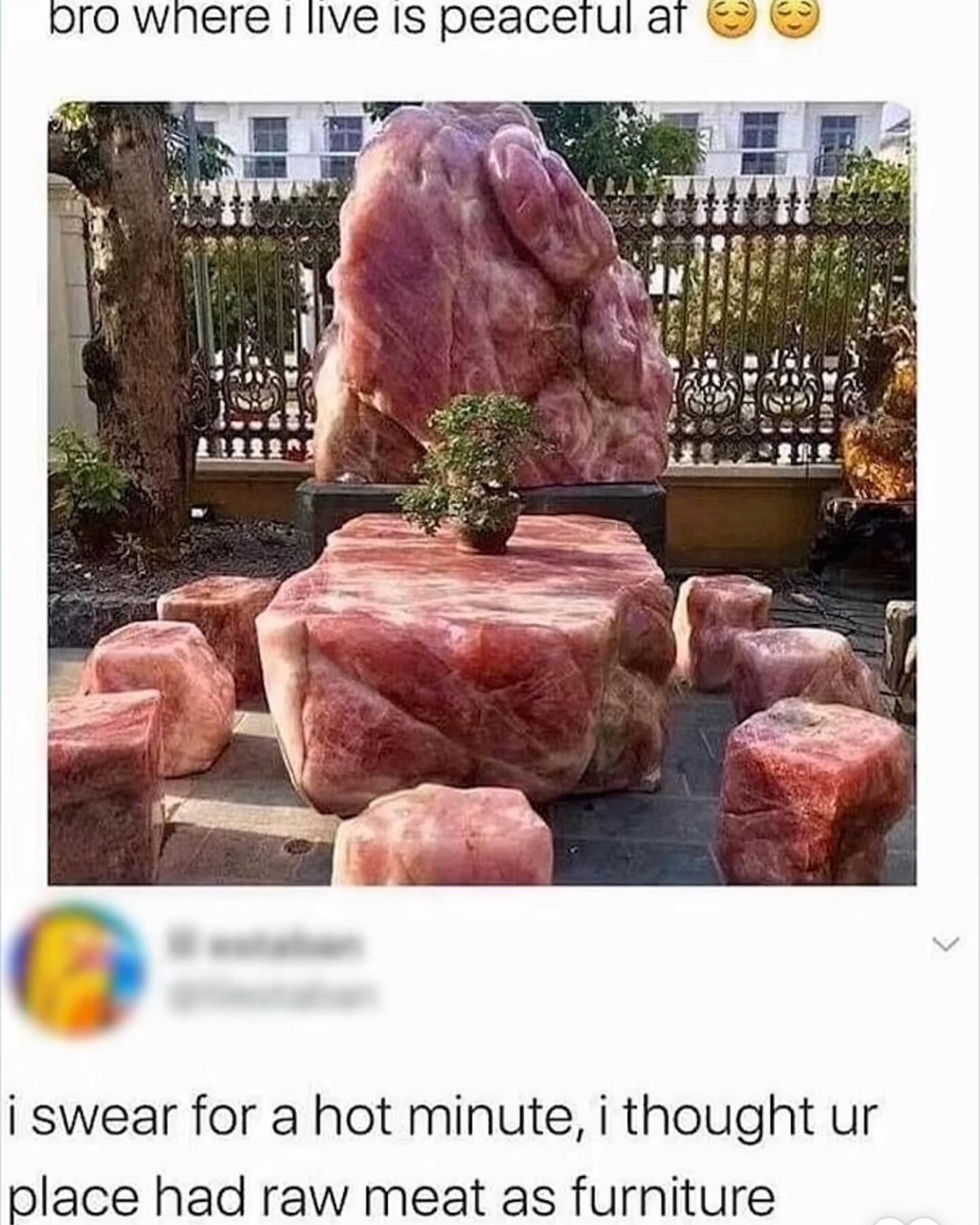 funny pictures bro where I live is peaceful at i swear for a hot minute, i thought ur place had raw meat as furniture