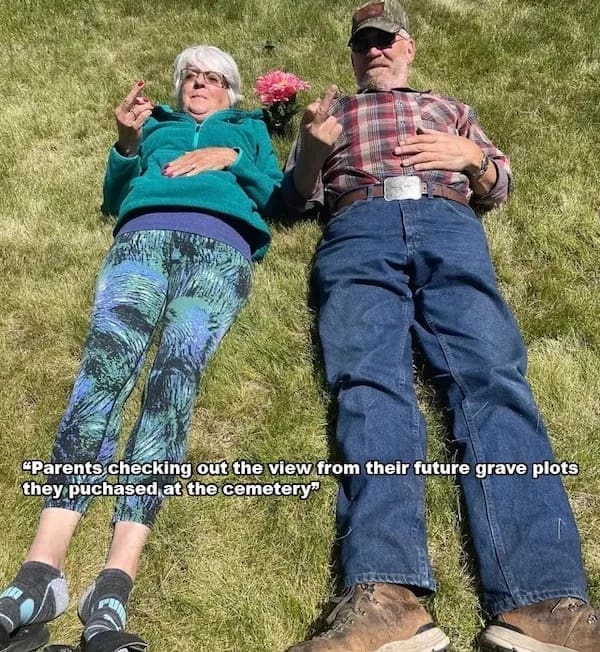 funny pics "Parents checking out the view from their future grave plots they puchased at the cemetery