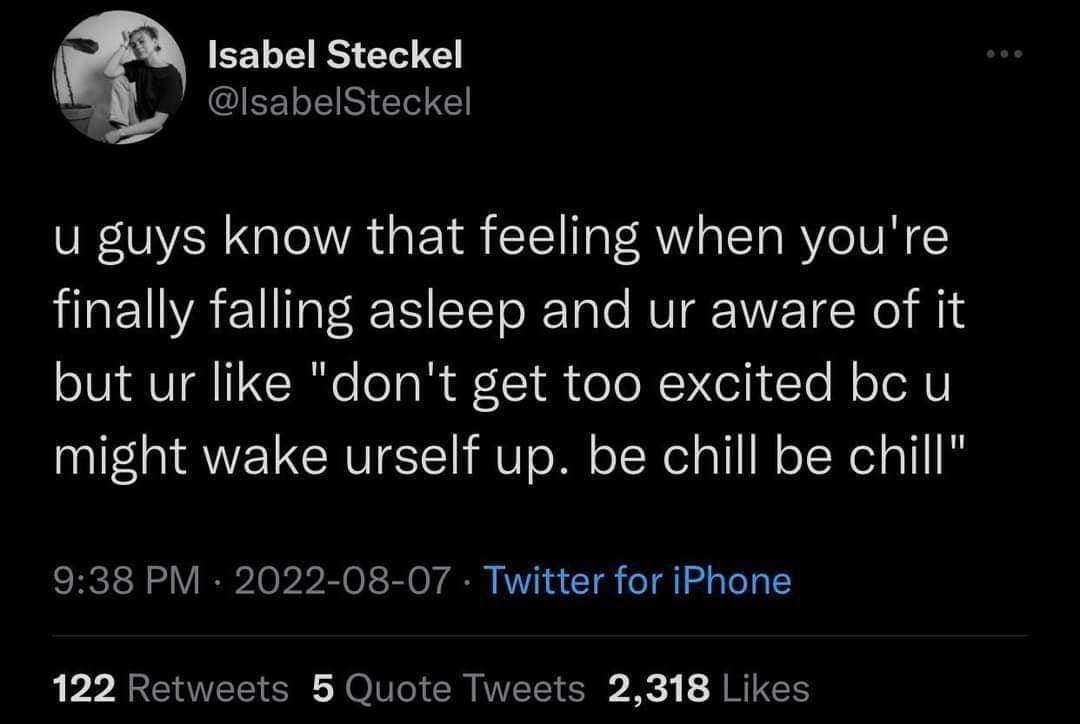 funny pics u guys know that feeling when you're finally falling asleep and ur aware of it but ur like "don't get too excited bc u might wake urself up. be chill be chill"