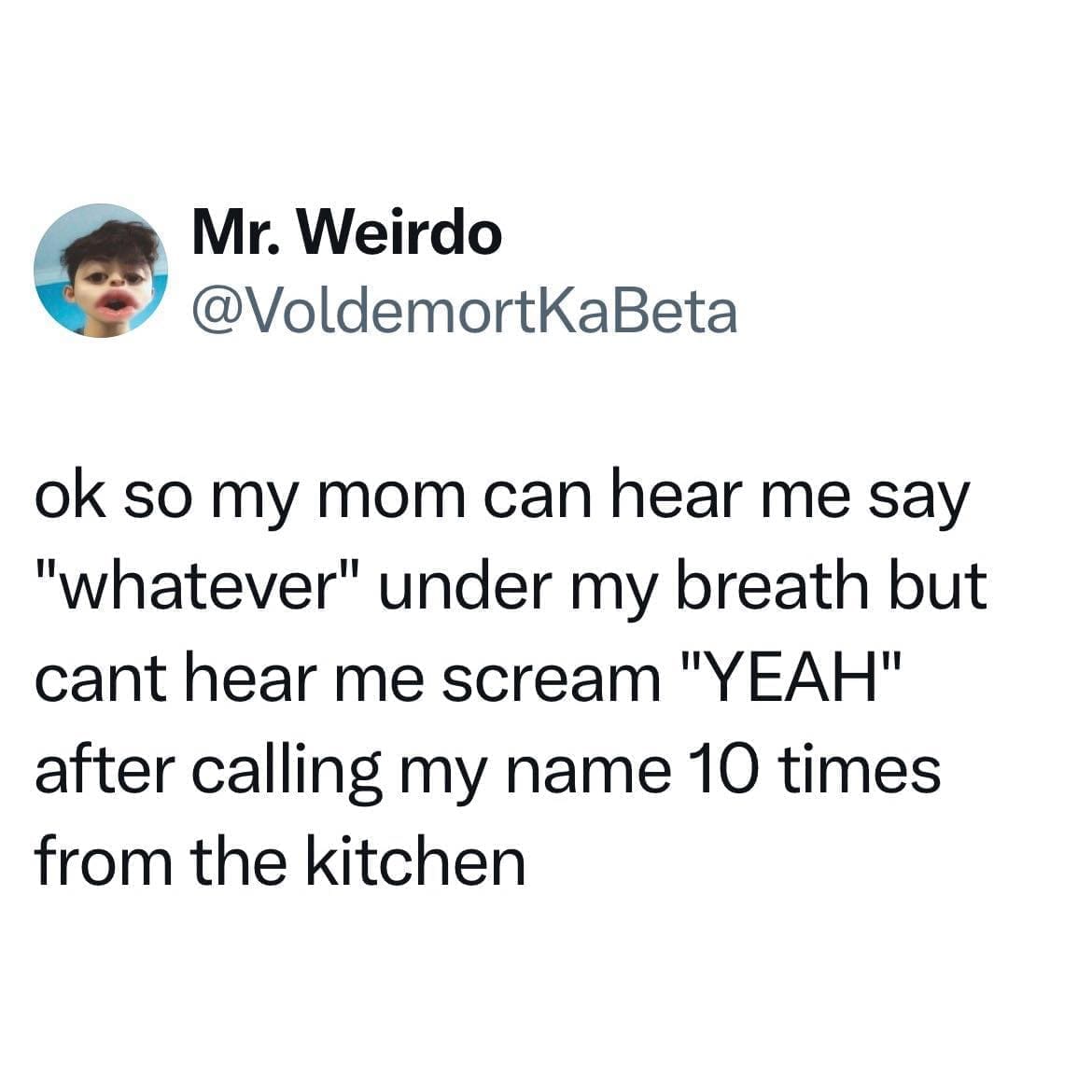 funny pictures ok so my mom can hear me say "whatever" under my breath but cant hear me scream "YEAH" after calling my name 10 times from the kitchen